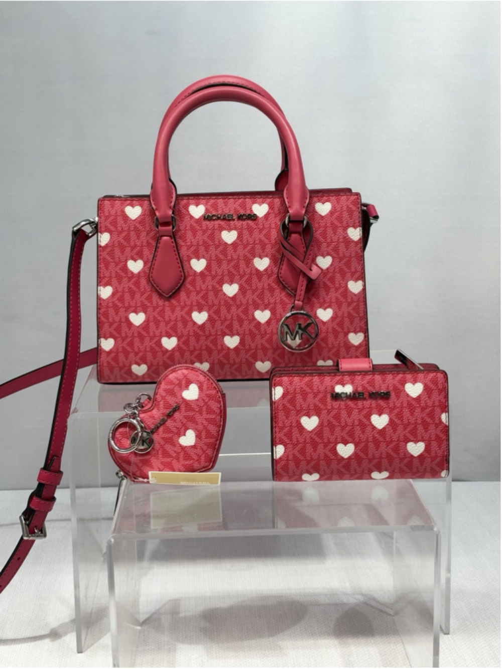Michael Kors Sheila Small Satchel Pink Heart Logo Wallet & Coin Purse Hibiscus